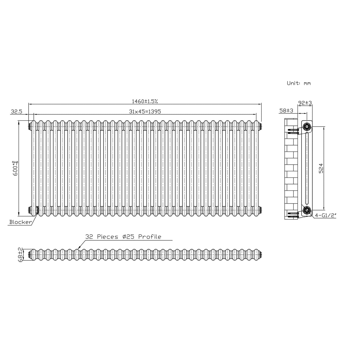 Traditional 2 Column Radiator - 600 x 1460mm - Raw Metal - Like New