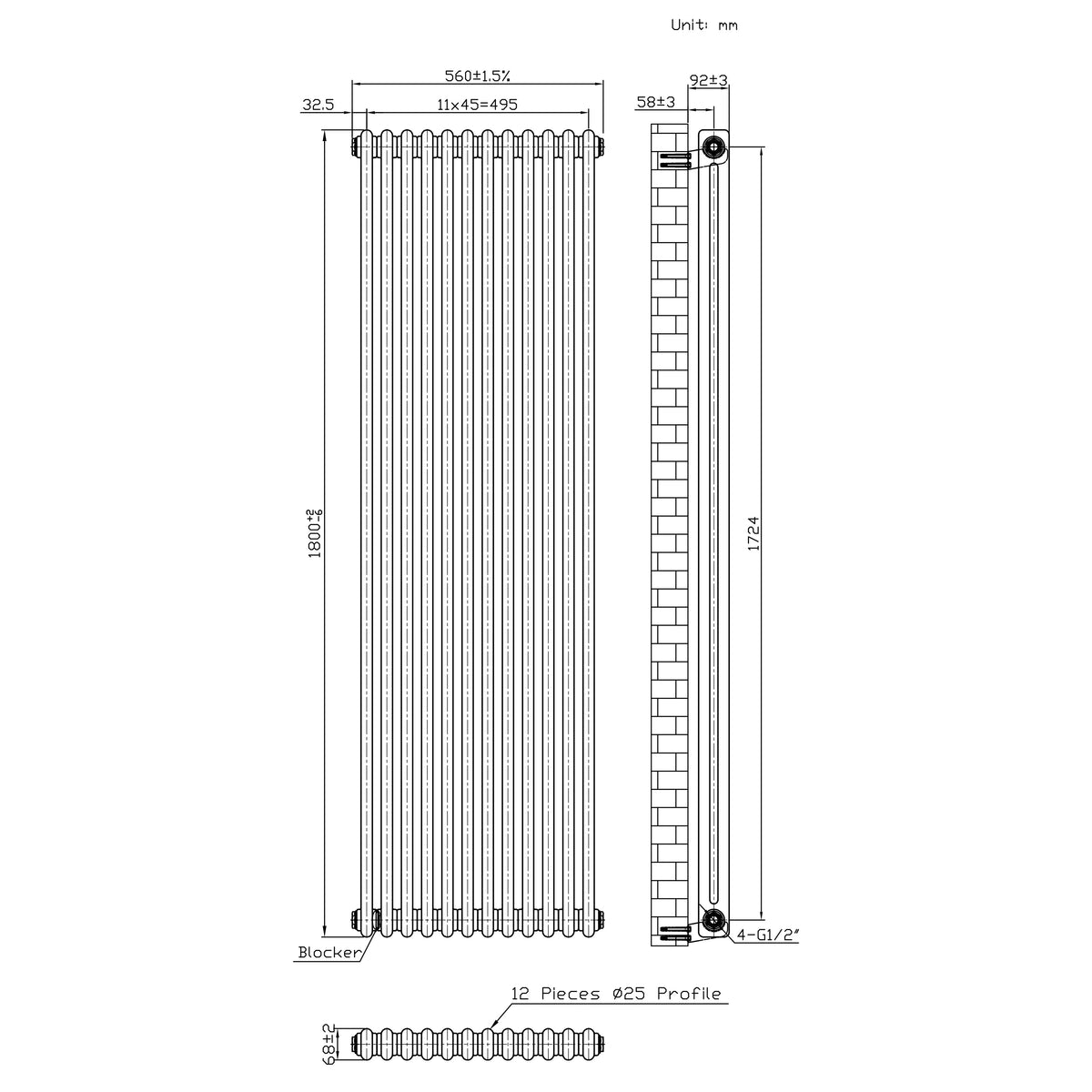 Traditional 2 Column Radiator - 1800 x 560mm - Raw Metal - Like New