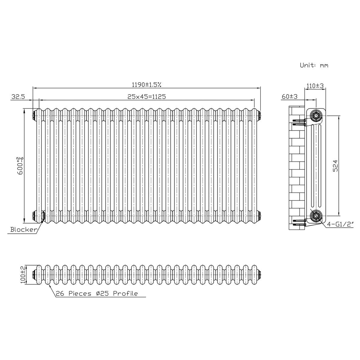 Traditional 3 Column Radiator - 600 x 1190mm - Raw Metal - Used - Acceptable