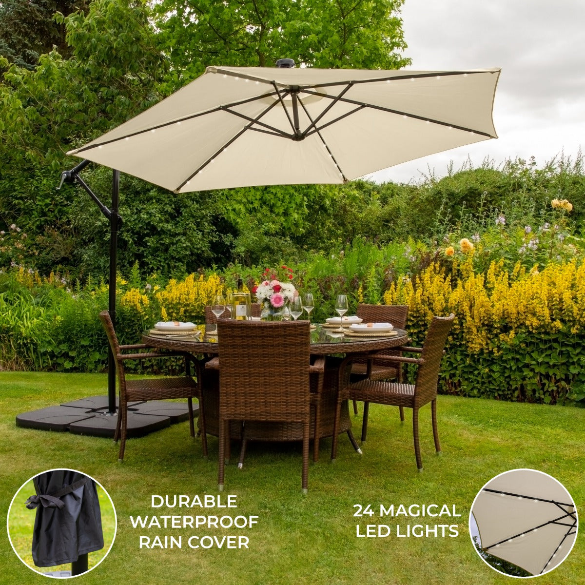 Cream 3m LED Cantilever Parasol With Plain Base - Used - Very Good
