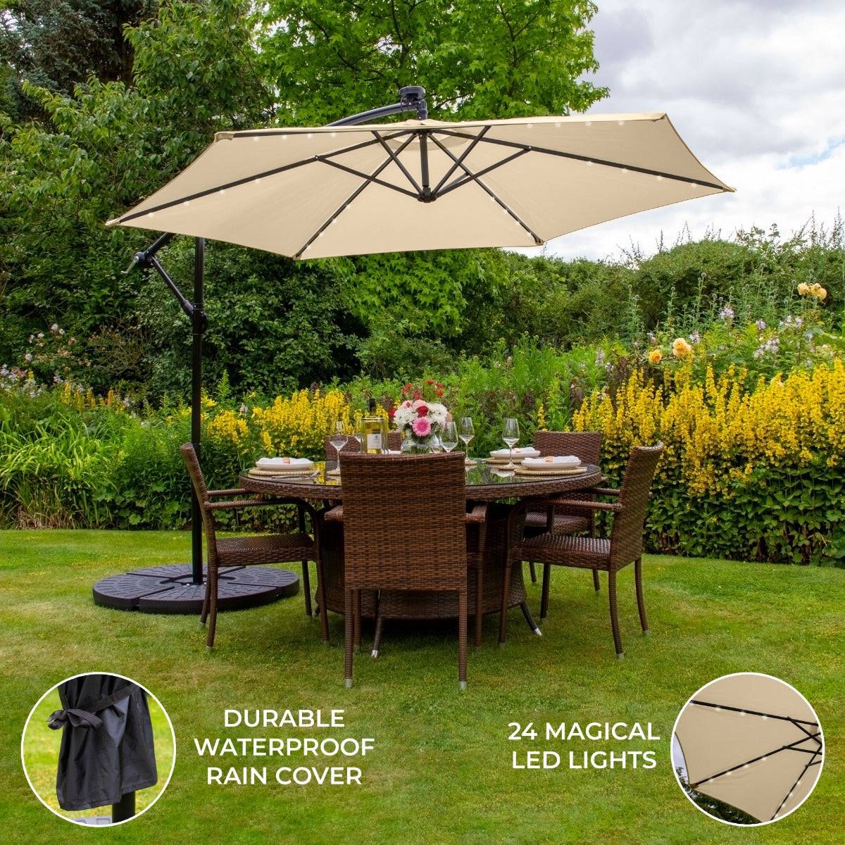 Beige 3m LED Cantilever Parasol With Fan Base - Like New