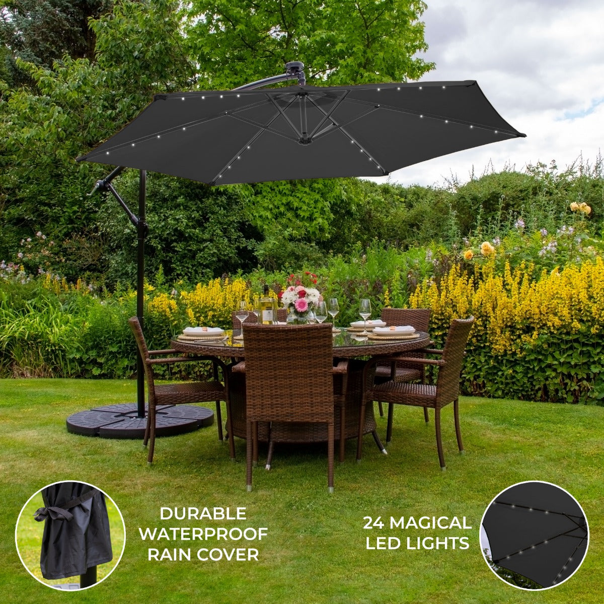 Grey 3m LED Cantilever Parasol With Fan Base - Like New