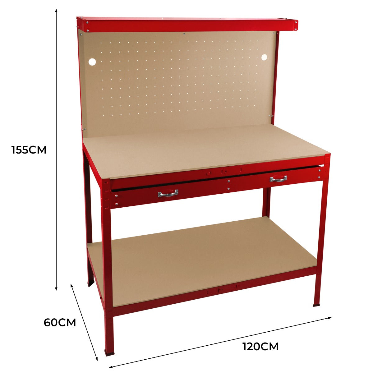 Workbench with Pegboard, Drawer & Light – Red - Like New