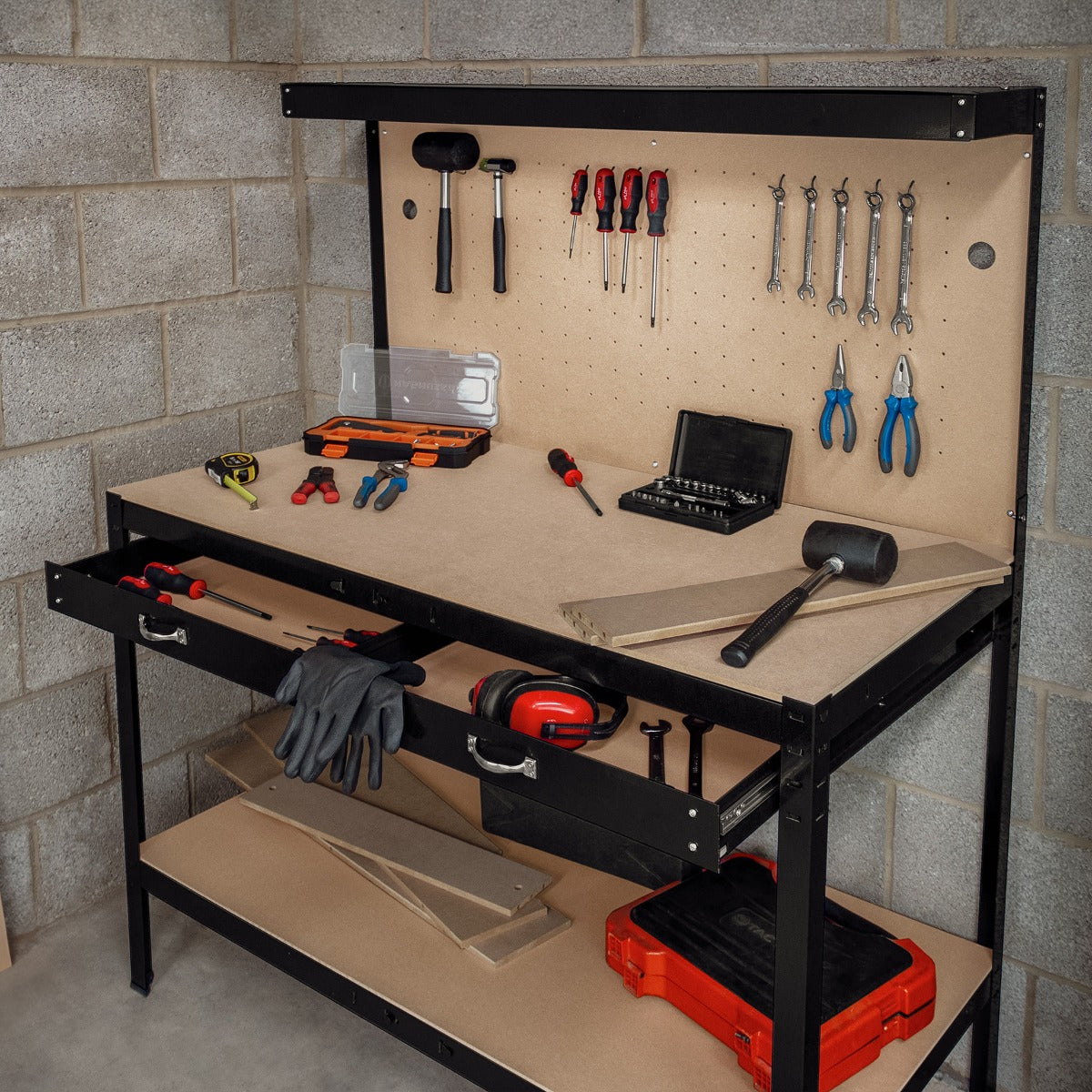 Workbench with Pegboard, Drawer & Light – Black - Used - Acceptable