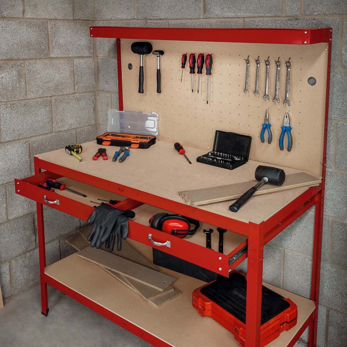 Workbench with Pegboard, Drawer & Light – Red - Used - Acceptable