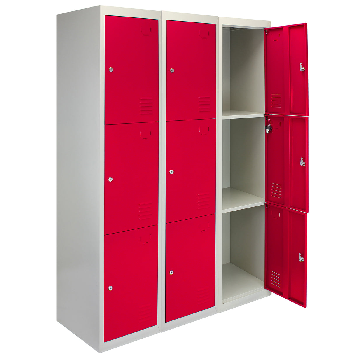 3 x Metal Storage Lockers - Three Doors, Red - Flatpack - Used - Acceptable