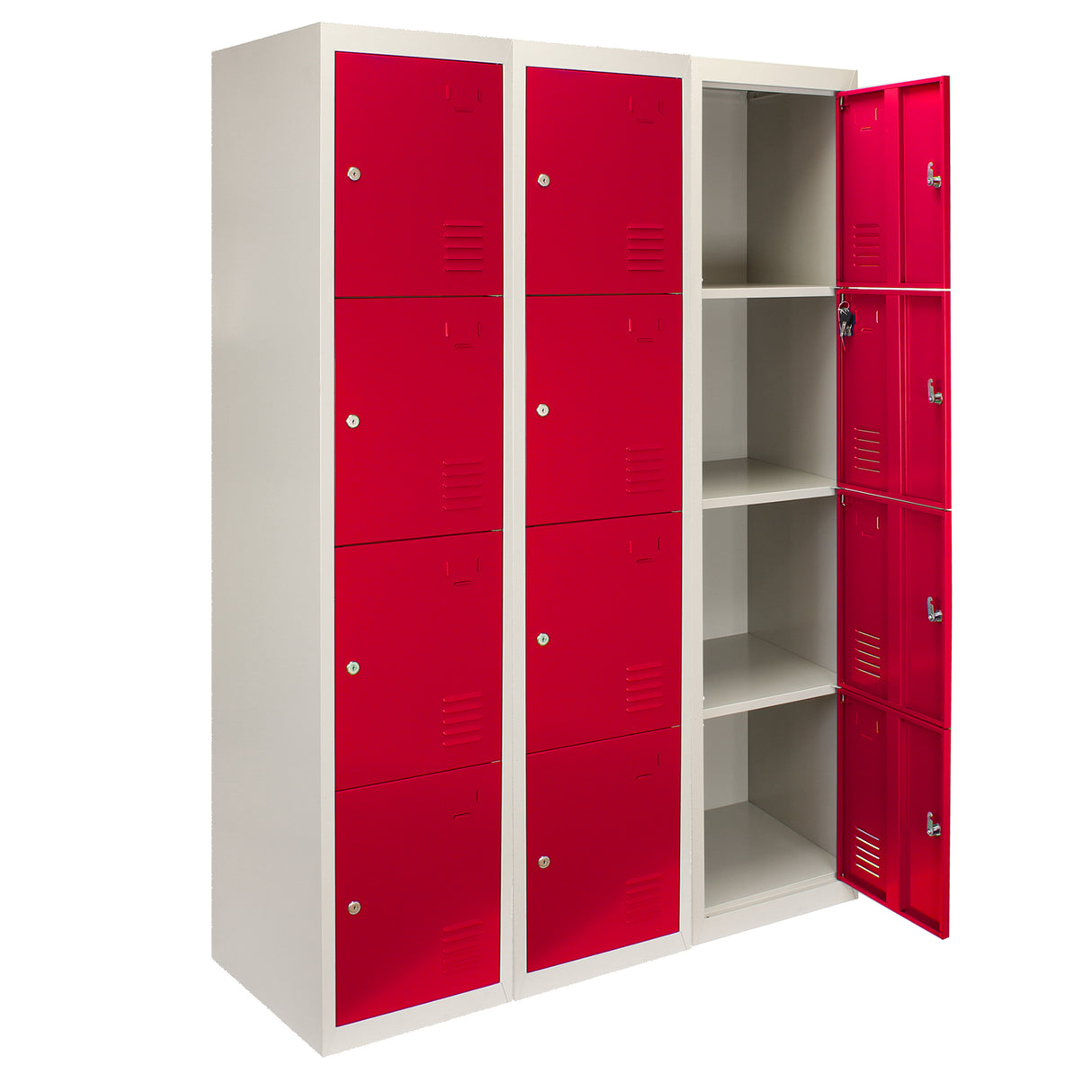 3 x Metal Storage Lockers - Four Doors, Red - Flatpack - Used - Good