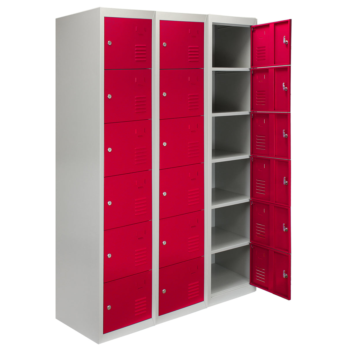 3 x Metal Storage Lockers - Six Doors, Red - Flatpack - Like New