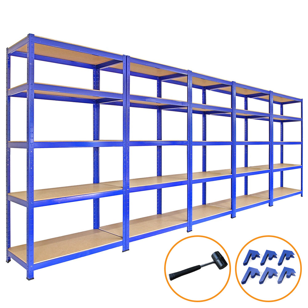 5 x 90cm Blue Storage Racks with 4200kg Capacity, Free Bay Connectors and Mallet - Like New