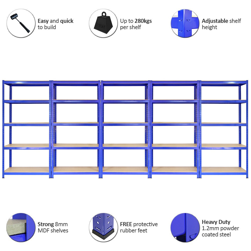 5 x 90cm Blue Storage Racks with 4200kg Capacity, Free Bay Connectors and Mallet - Like New