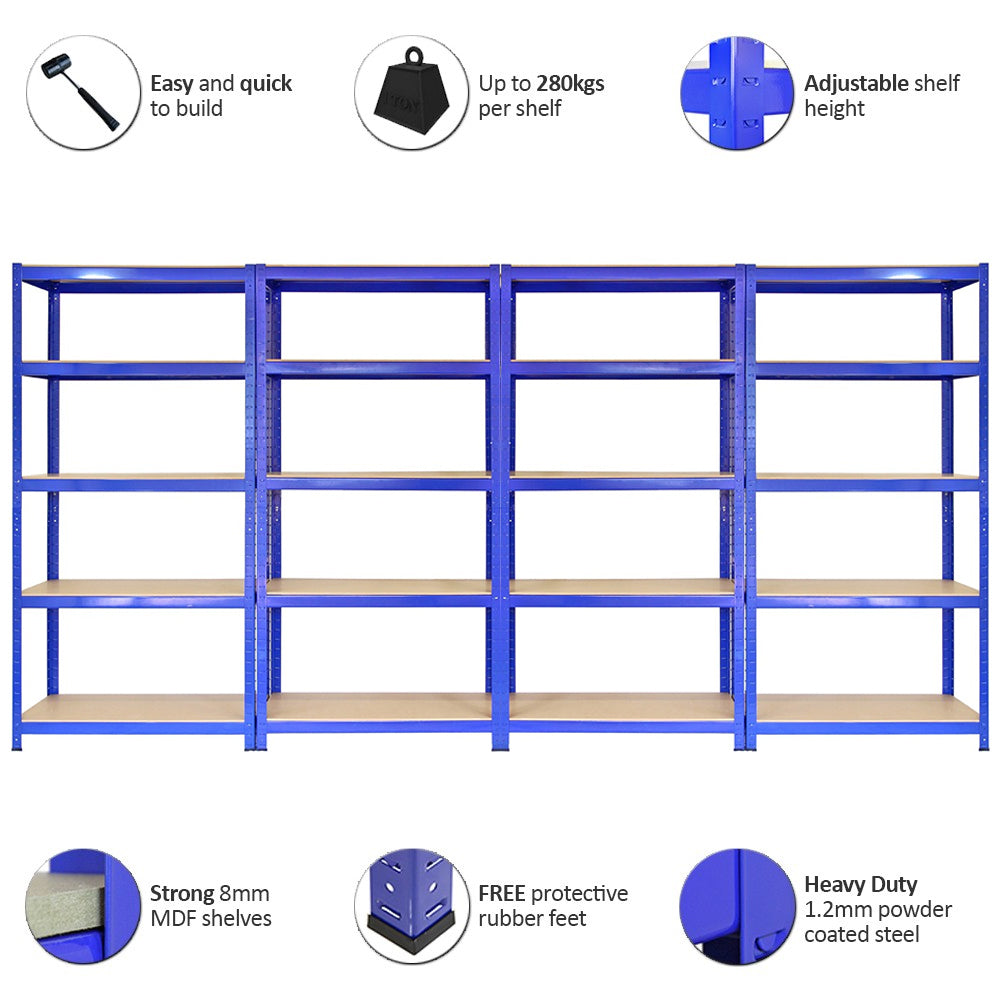 4 x 90cm Blue Storage Racks with 4200kg Capacity, Free Bay Connectors and Mallet - Like New