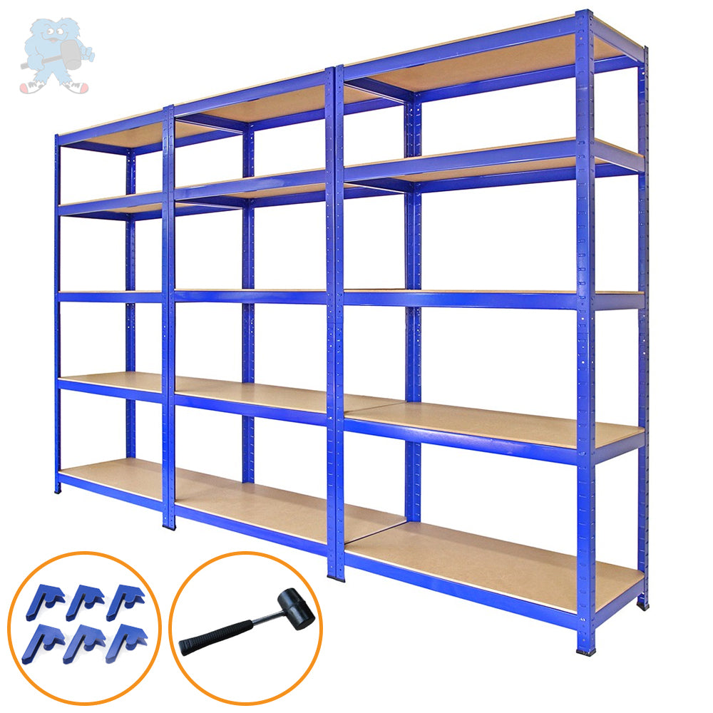 3 x Monster Racking T-Rax Metal Storage Shelves, Blue, 90cm W, 45cm D - Like New