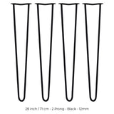 4 x 28" Hairpin Legs - 2 Prong - 12mm - Black - Like New