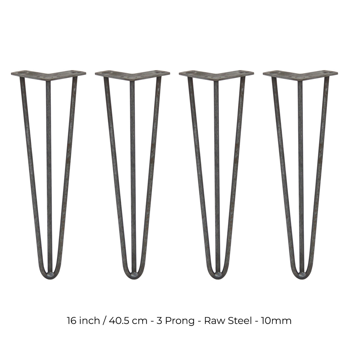 4 x 16" Hairpin Legs - 3 Prong - 10mm - Raw Steel - Used - Very Good