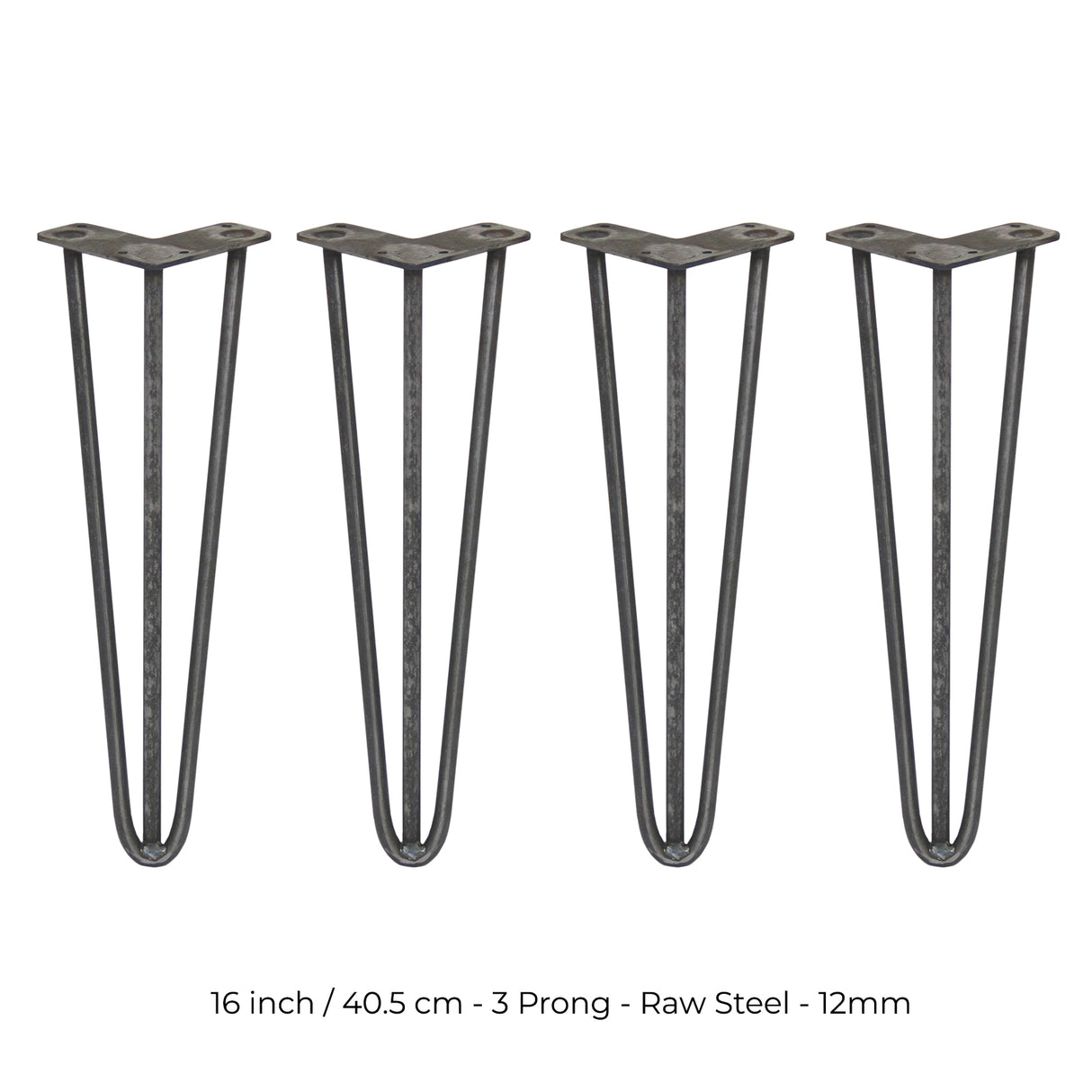 4 x 16" Hairpin Legs - 3 Prong - 12mm - Raw Steel - Like New