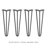 4 x 16" Hairpin Legs - 3 Prong - 12mm - Raw Steel - Like New