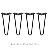 4 x 12" Hairpin Legs - 2 Prong - 12mm - Black - Like New