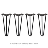 4 x 12" Hairpin Legs - 3 Prong - 10mm - Black - Like New