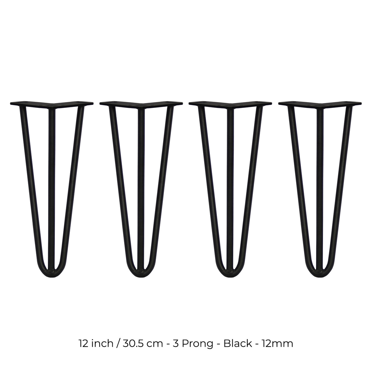 4 x 12" Hairpin Legs - 3 Prong - 12mm - Black - Like New