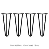 4 x 12" Hairpin Legs - 3 Prong - 12mm - Black - Like New