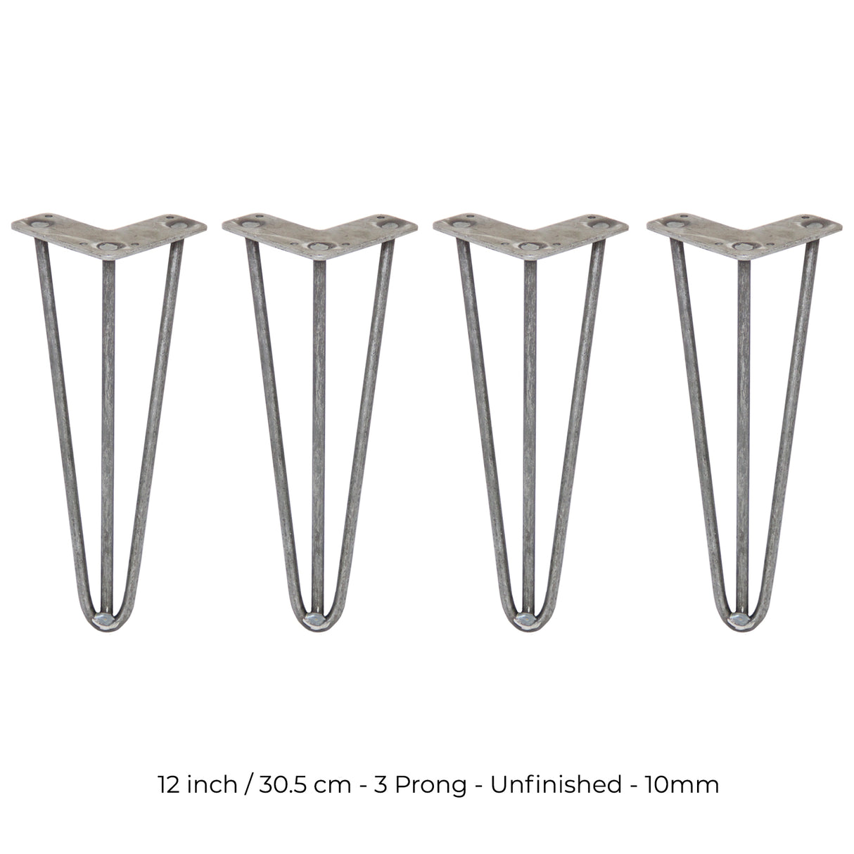 4 x 12" Hairpin Legs - 3 Prong - 10mm - Raw Steel - Like New
