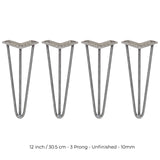 4 x 12" Hairpin Legs - 3 Prong - 10mm - Raw Steel - Like New