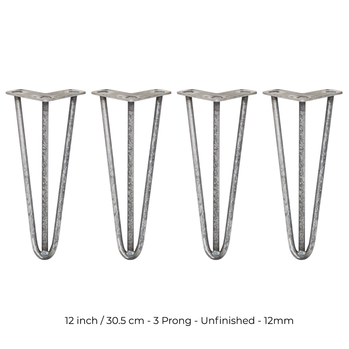 4 x 12" Hairpin Legs - 3 Prong - 12mm - Raw Steel - Like New