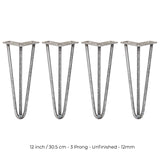 4 x 12" Hairpin Legs - 3 Prong - 12mm - Raw Steel - Like New