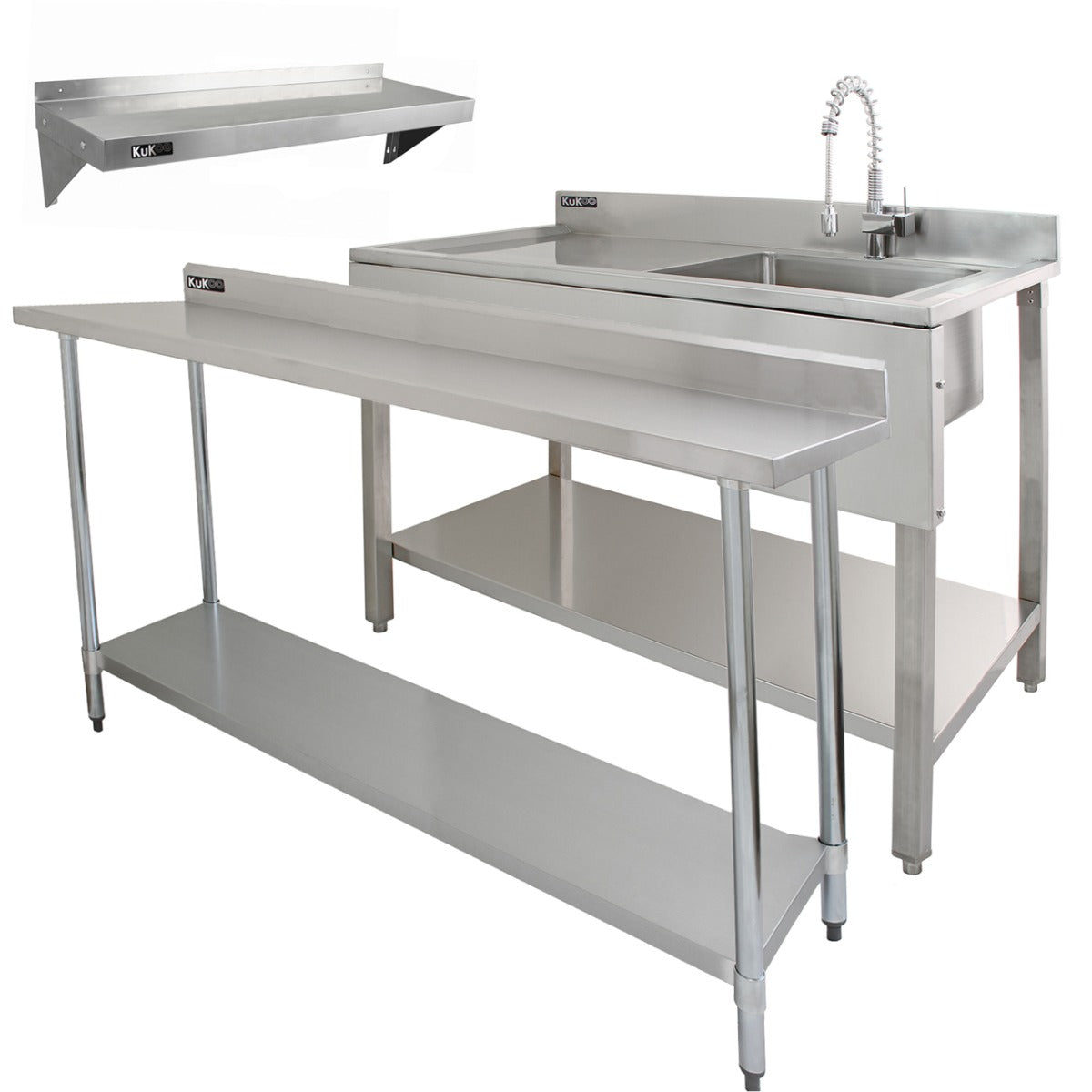 6ft Stainless Steel Catering Bench, Stainless Steel Sink - Left Hand Drainer & 2 x Wall Mounted Shelves - Used - Acceptable