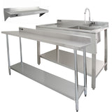 6ft Stainless Steel Catering Bench, Stainless Steel Sink - Left Hand Drainer & 2 x Wall Mounted Shelves - Used - Acceptable