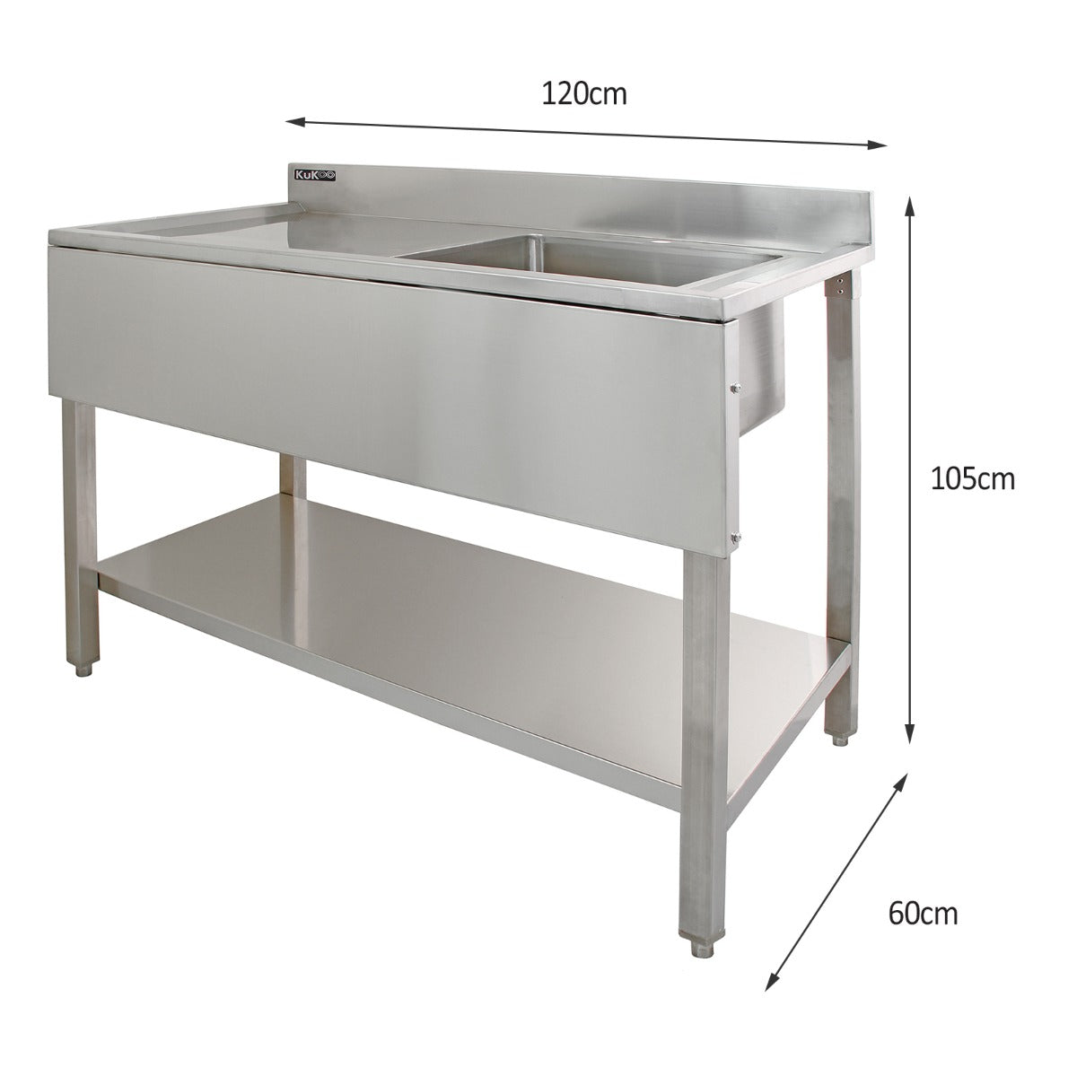 6ft Stainless Steel Catering Bench, Stainless Steel Sink - Left Hand Drainer & 2 x Wall Mounted Shelves - Used - Good
