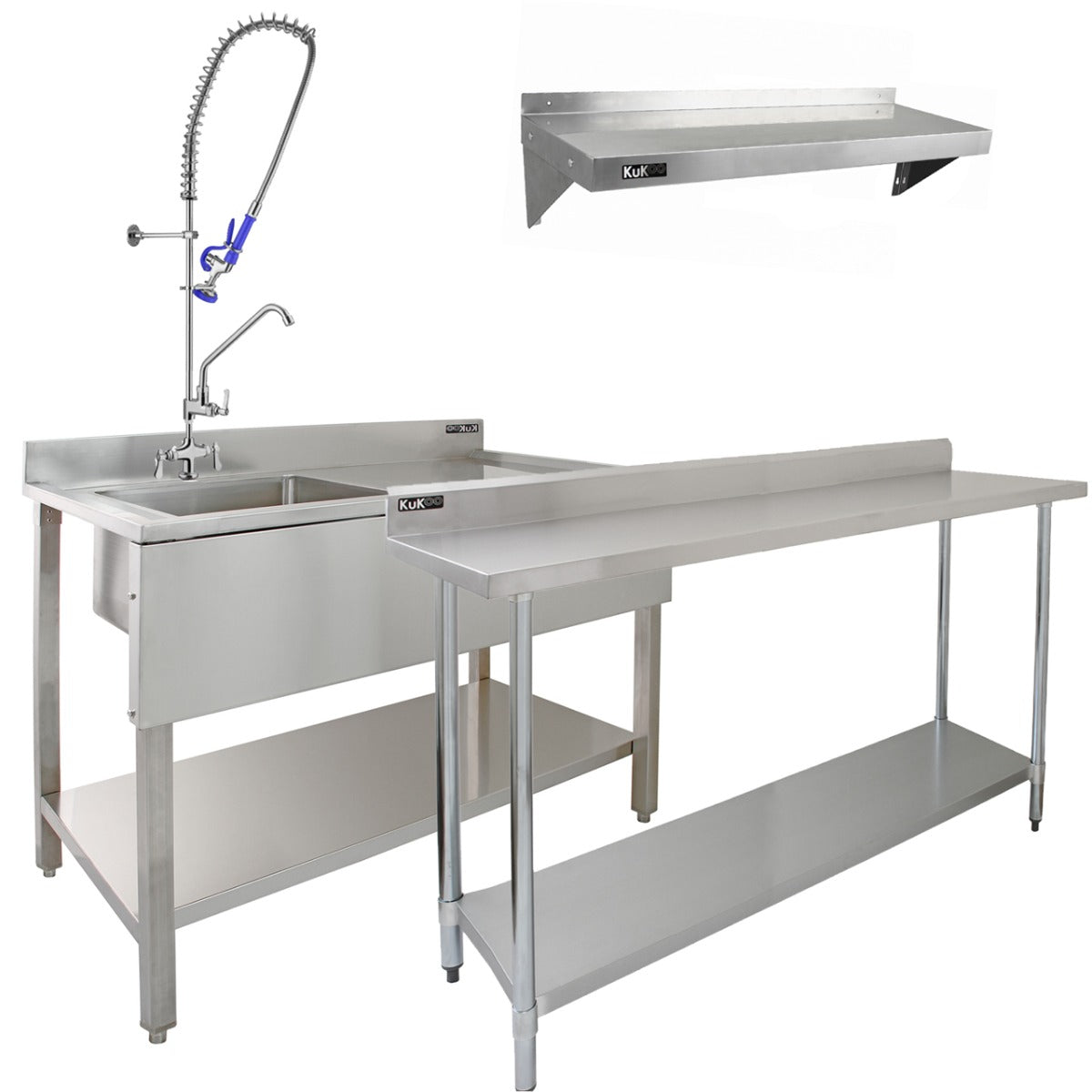 KuKoo Commercial Sink & Pre-Rinse Tap - Right Hand Drainer, 6ft Stainless Steel Catering Bench, 2 x Wall Mounted Shelves with extra Pre-Rinse Commercial Tap - Used - Good