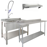 KuKoo Commercial Sink & Pre-Rinse Tap - Right Hand Drainer, 6ft Stainless Steel Catering Bench, 2 x Wall Mounted Shelves with extra Pre-Rinse Commercial Tap - Used - Good