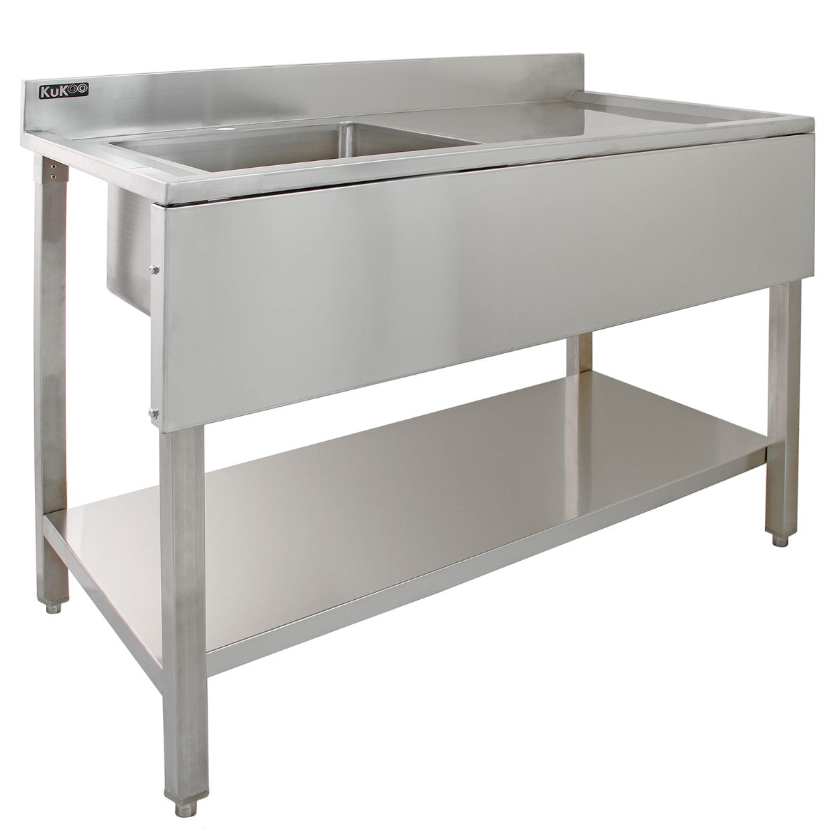 KuKoo Commercial Sink & Pre-Rinse Tap - Right Hand Drainer, 6ft Stainless Steel Catering Bench, 2 x Wall Mounted Shelves with extra Pre-Rinse Commercial Tap - Used - Acceptable