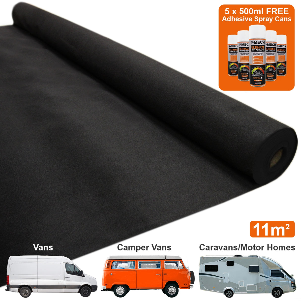 Van Carpet Lining / Black & 5 Adhesive Cans - Used - Good