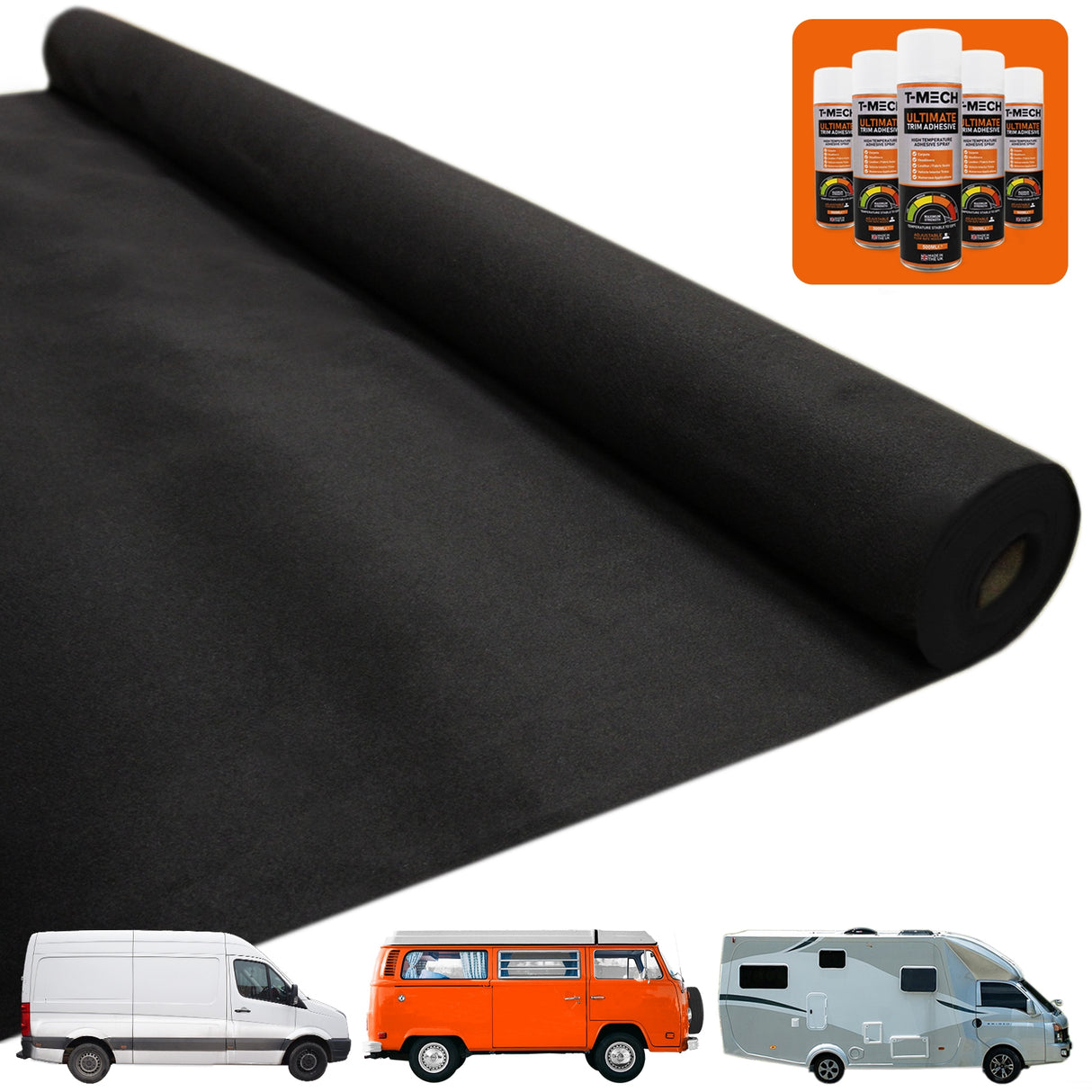 Van Carpet Lining / Black & 5 Adhesive Cans - Used - Good
