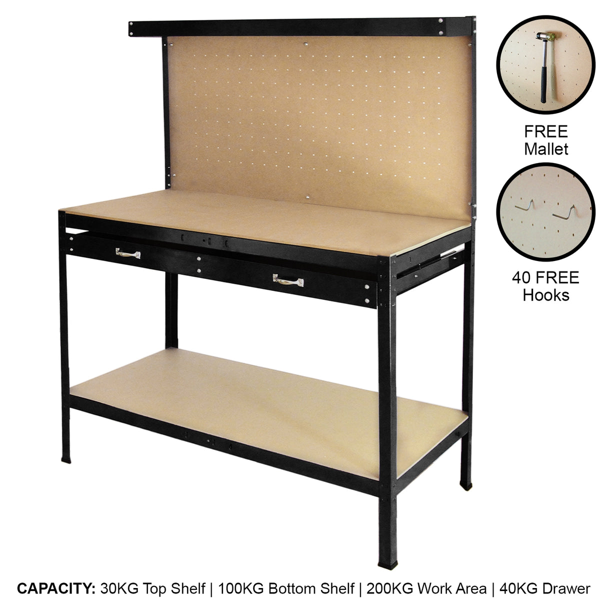 Workbench With Pegboard And Drawer In Black - Used - Acceptable