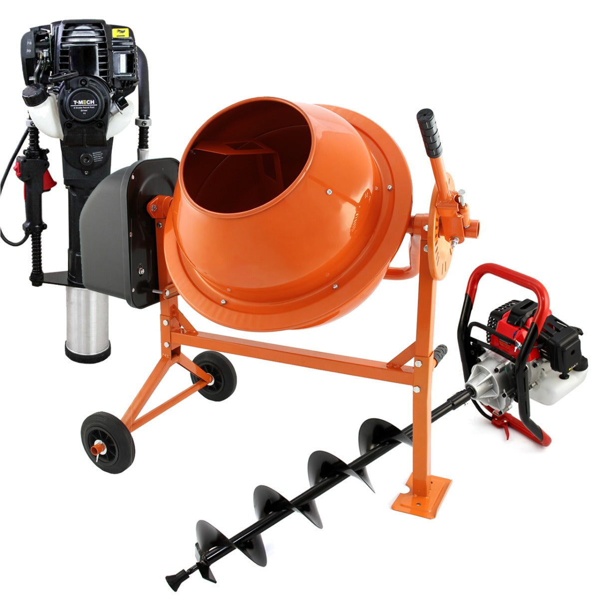 T-Mech Earth Auger, Cement Mixer and 120mm 4 Stroke Post Driver - Like New