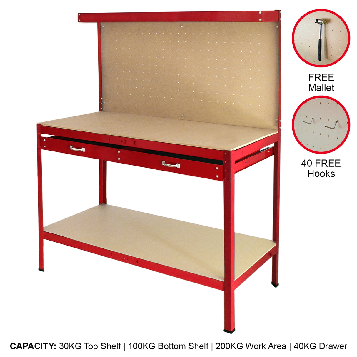 Workbench With Pegboard And Drawer In Red - Used - Very Good