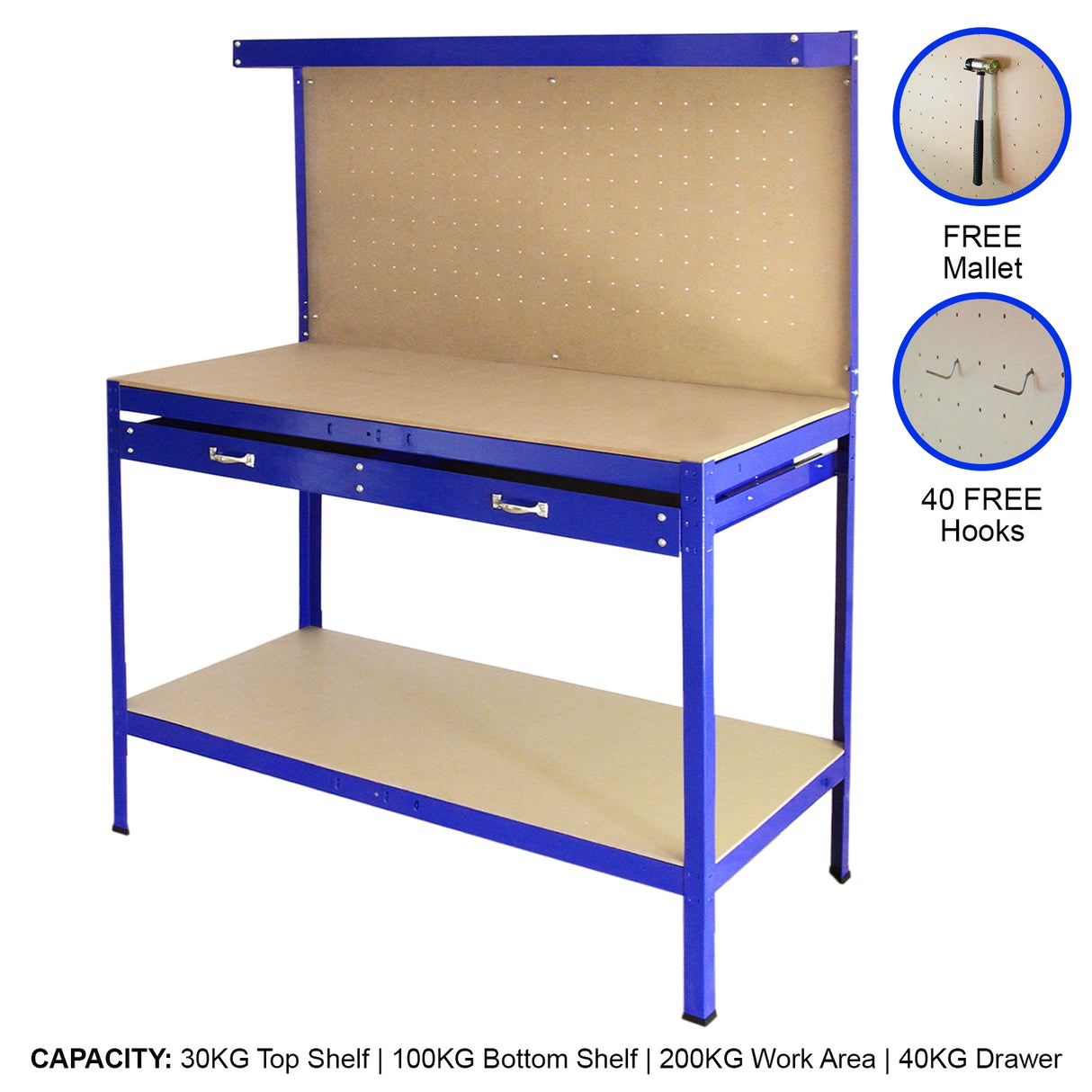 Workbench With Pegboard And Drawer In Blue - Like New