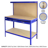 Workbench With Pegboard And Drawer In Blue - Like New
