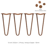 4 x 12" Hairpin Legs - 2 Prong - 10mm - Antique Copper - Used - Very Good