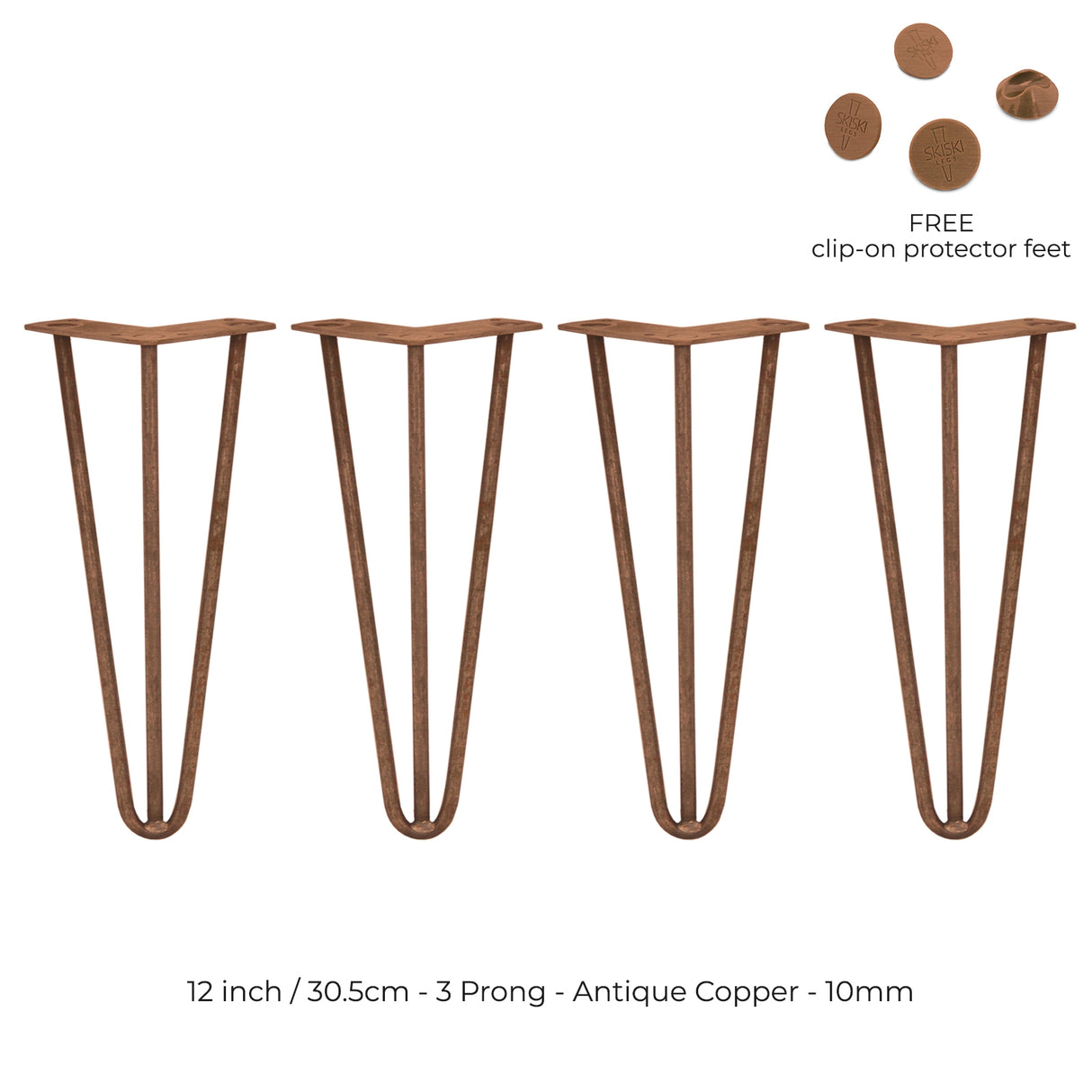 4 x 12" Hairpin Legs - 3 Prong - 10mm - Antique Copper - Like New