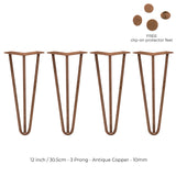 4 x 12" Hairpin Legs - 3 Prong - 10mm - Antique Copper - Used - Good