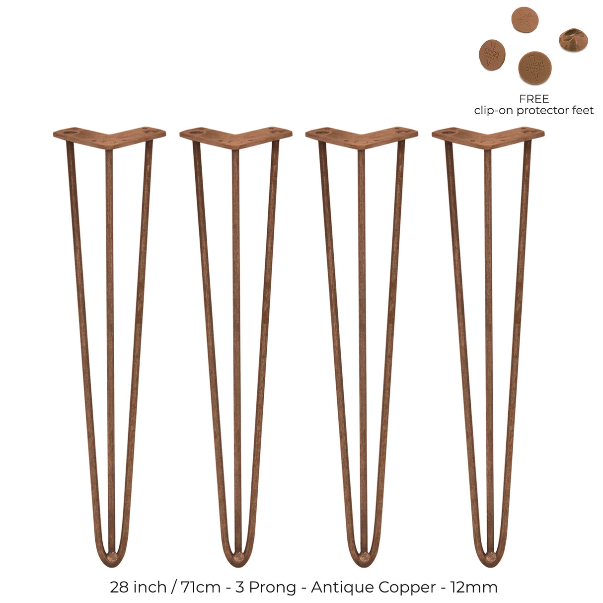 4 x 28" Hairpin Legs - 3 Prong - 12mm - Antique Copper - Like New