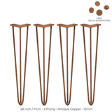 4 x 28" Hairpin Legs - 3 Prong - 12mm - Antique Copper - Like New