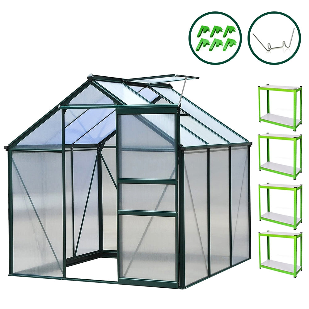 Greenhouse 6ft x 6ft (Green) & Racking - Used - Acceptable