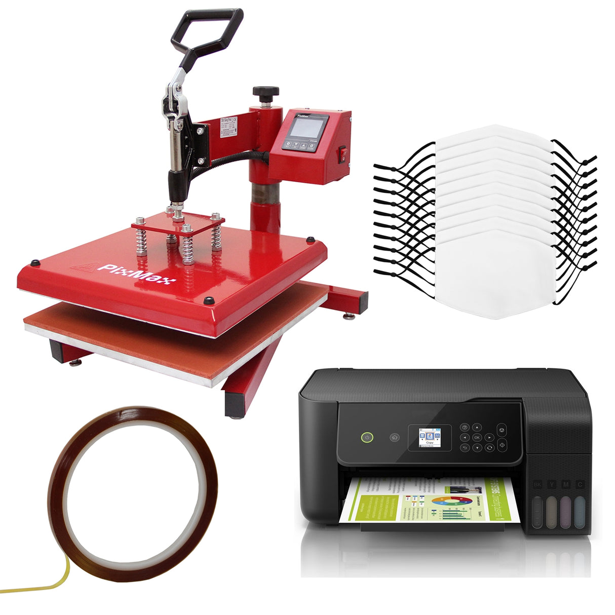 10 Sublimation Face Masks, Swing Heat Press & Eco Tank Printer - Used - Good