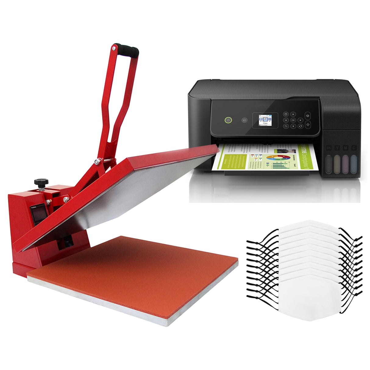 10 Sublimation Face Masks, Clam 38cm Heat Press & Eco Tank Printer - Used - Very Good