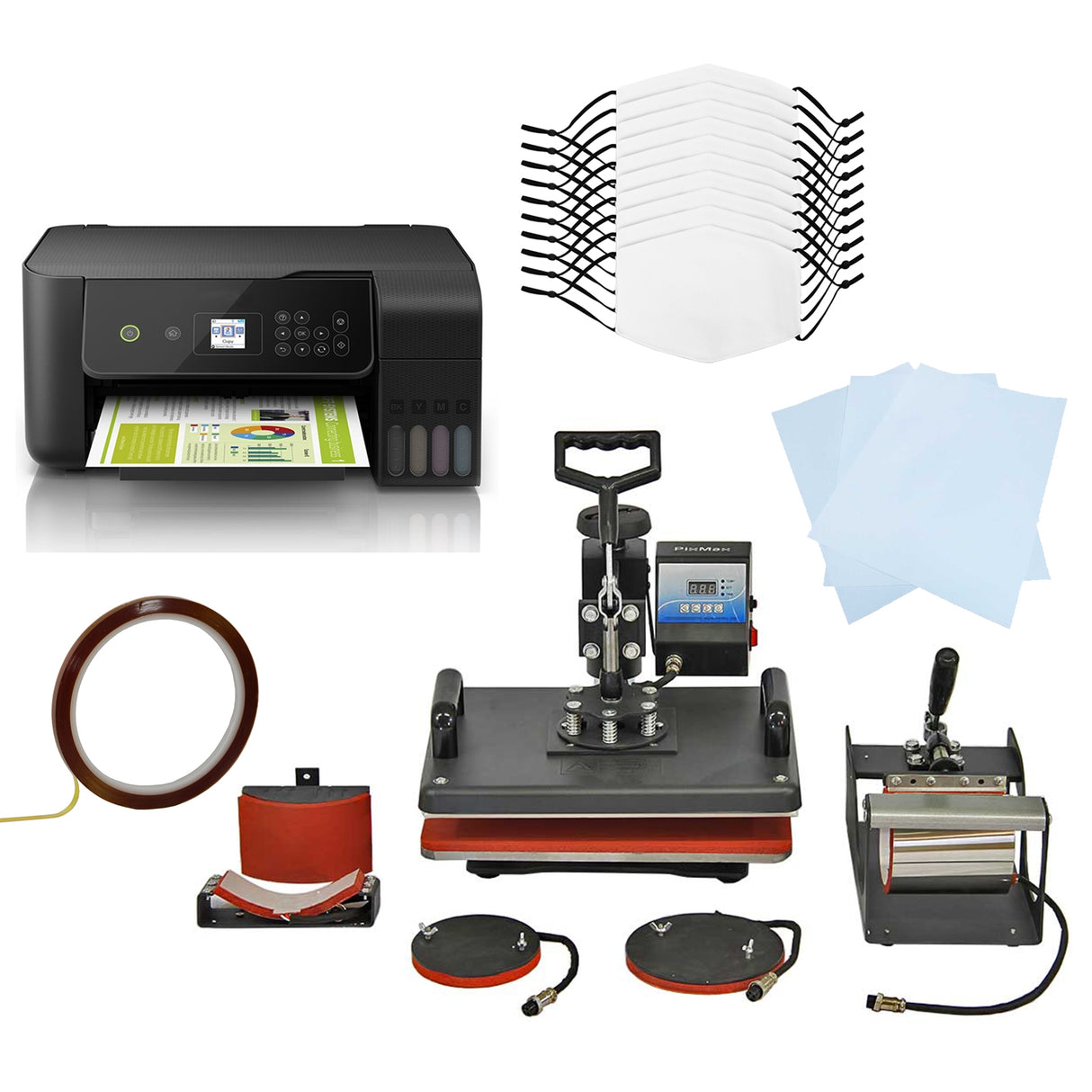 10 Sublimation Face Masks, 5 in 1 Heat Press & Eco Tank Printer - Used - Good